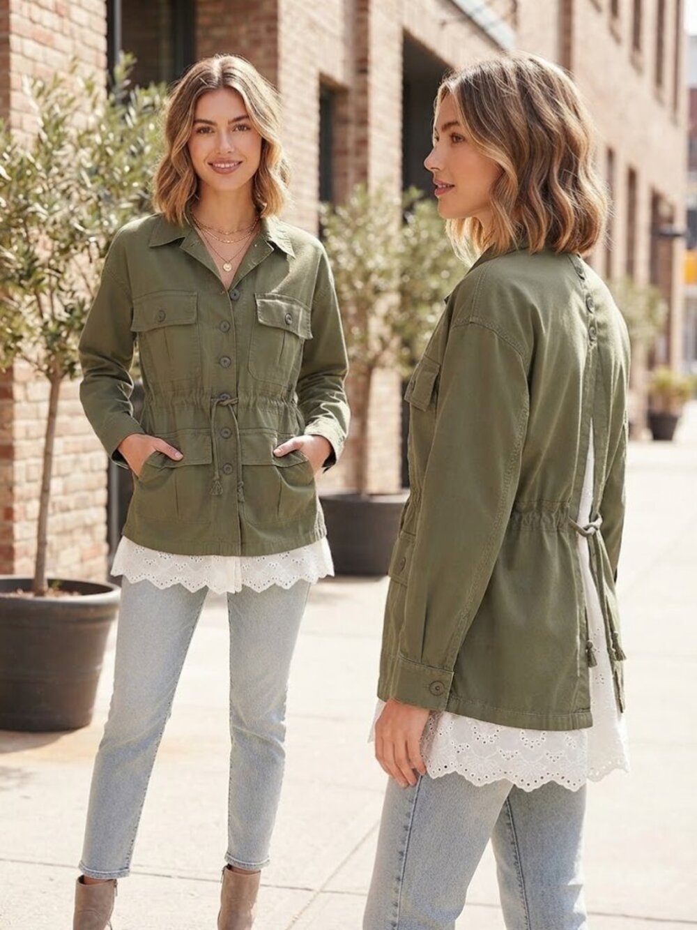 Tiny Green Utility Eyelet Lace Lining Military Women's Cargo Jacket Size Small
